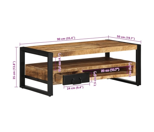 Mesa de centro de madera maciza de mango rugosa 90x50x36 cm