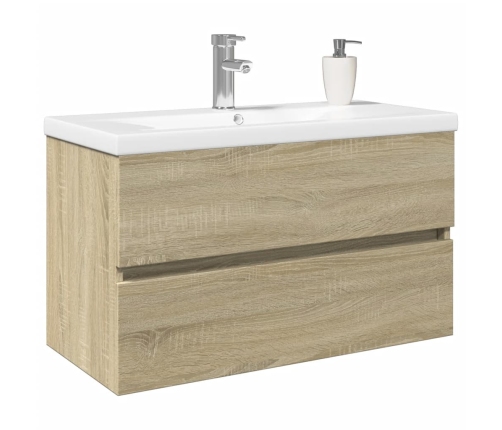 Set de mueble de baño 2 piezas cerámica y madera de ingeniería