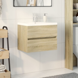 Set de mueble de baño 2 piezas cerámica y madera de ingeniería