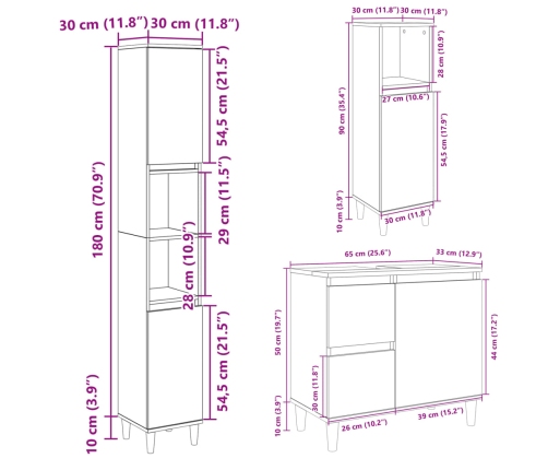 Set de muebles de baño 3 pzas madera contrachapada roble Sonoma