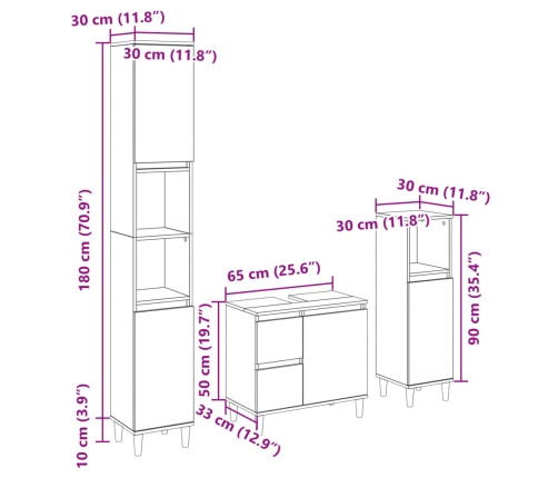 Set de muebles de baño 3 pzas madera contrachapada roble Sonoma