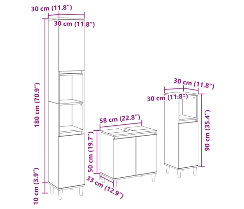 Set de muebles de baño 3 pzas madera contrachapada roble Sonoma