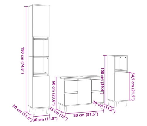 Set de muebles de baño 3 pzas madera contrachapada roble Sonoma