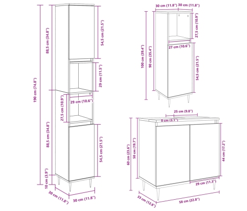 Set de muebles de baño 3 pzas madera contrachapada roble Sonoma