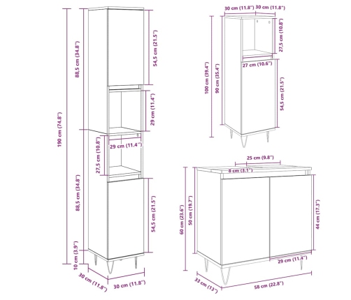 Set de muebles de baño 3 pzas madera contrachapada roble Sonoma