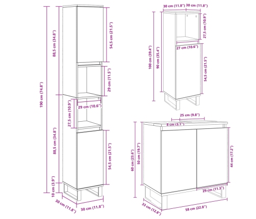 Set de muebles de baño 3 pzas madera contrachapada roble Sonoma