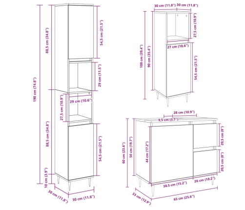 Set de muebles de baño 3 pzas madera contrachapada roble Sonoma