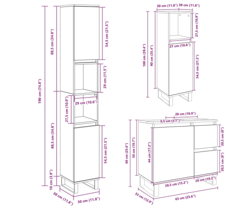 Set de muebles de baño 3 pzas madera contrachapada roble Sonoma