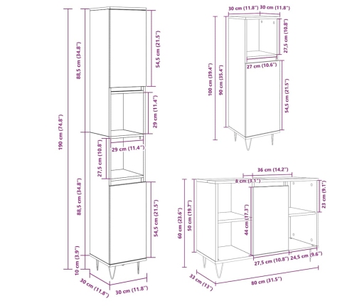 Set de muebles de baño 3 pzas madera contrachapada roble Sonoma