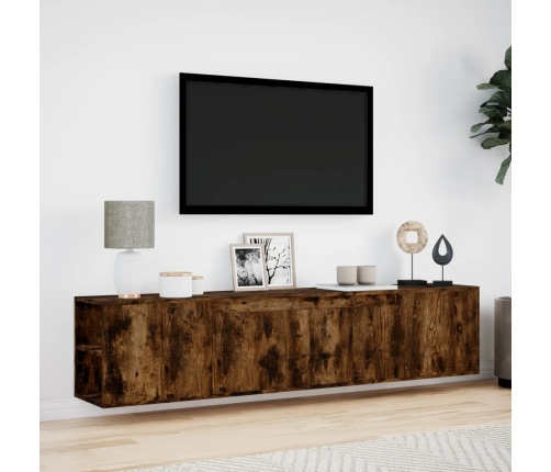 Mueble de TV de pared con luz LED roble ahumado 180x31x39,5 cm