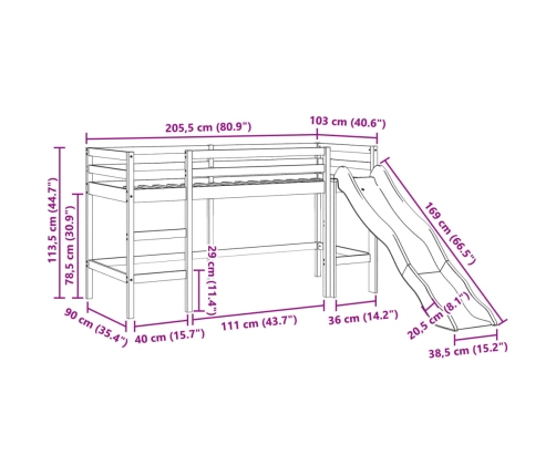 Cama alta para niños sin colchón madera maciza pino 90x200 cm