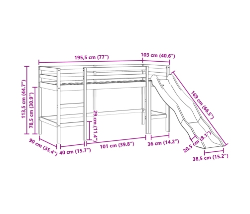 Cama alta para niños sin colchón madera maciza pino 90x190 cm