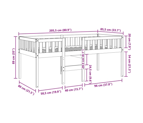 Cama para niños sin colchón madera maciza de pino 80x200 cm