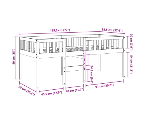 Cama para niños sin colchón madera maciza de pino 90x190 cm