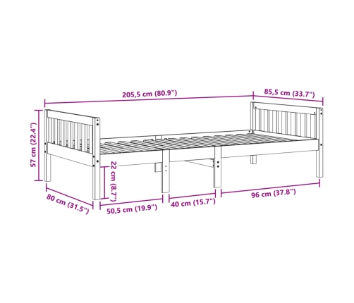 Cama de niños sin colchón madera maciza pino marrón 80x200 cm