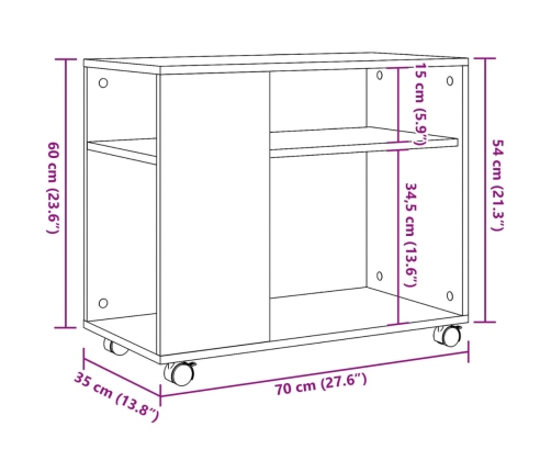 Mesa auxiliar con ruedas madera de ingeniería negra 70x35x60 cm