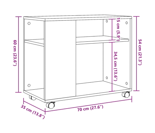 Mesa auxiliar rodante madera ingeniería envejecido 70x35x60 cm