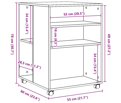 Mesa auxiliar ruedas madera ingeniería roble ahumado 55x60x78cm