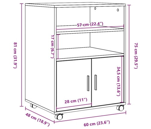 Armario con ruedas madera ingeniería gris hormigón 60x48x81 cm