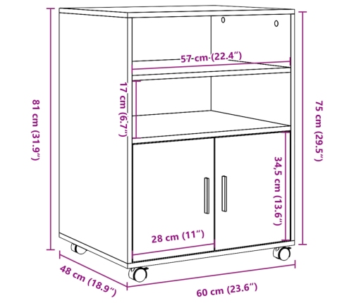 Armario con ruedas madera ingeniería marrón roble 60x48x81 cm