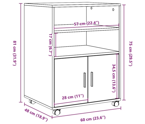 Armario con ruedas madera ingeniería roble artisian 60x48x81 cm