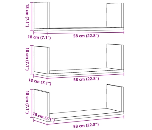 Estantes de pared 2 uds madera ingeniería blanca 58x18x18 cm