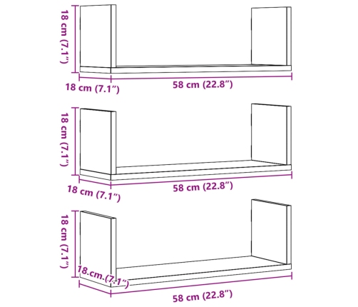 Estantes de pared 3 uds madera de ingeniería negro 58x18x18 cm