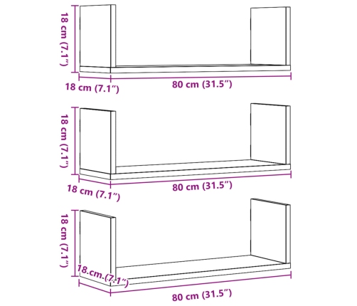 Estantes pared 3 uds madera ingeniería roble Sonoma 80x18x18 cm