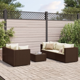 Set muebles de jardín 6 piezas y cojines ratán sintético marrón