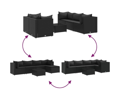 Set muebles de jardín 6 piezas y cojines ratán sintético negro