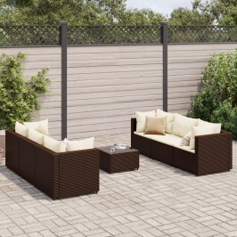 Set muebles de jardín 7 piezas y cojines ratán sintético marrón