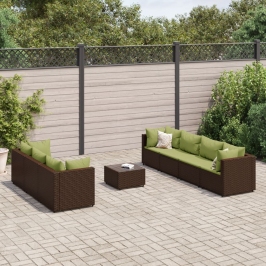 Set sofás de jardín 8 piezas y cojines ratán sintético marrón