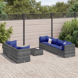Set de muebles de jardín 8 pzas y cojines ratán sintético gris