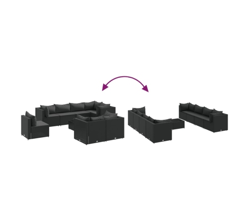 Set de muebles de jardín 9 pzas y cojines ratán sintético negro