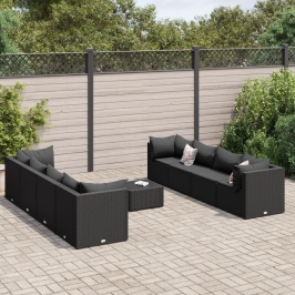 Set de muebles de jardín 9 pzas y cojines ratán sintético negro