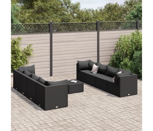Set de muebles de jardín 9 pzas y cojines ratán sintético negro