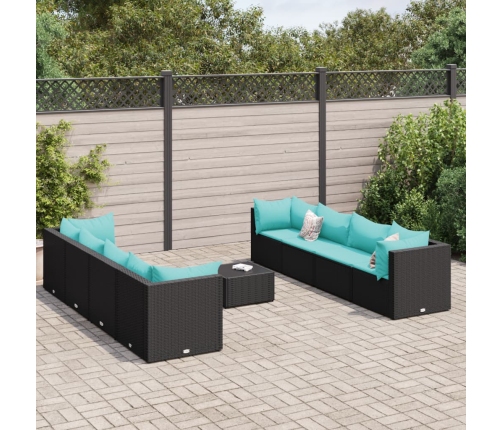 Set de muebles de jardín 9 pzas y cojines ratán sintético negro