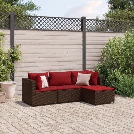 Set muebles de jardín 4 piezas y cojines ratán sintético marrón
