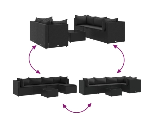 Set muebles de jardín 6 piezas y cojines ratán sintético negro