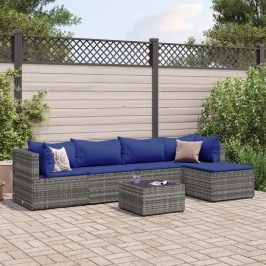 Set de muebles de jardín 6 pzas y cojines ratán sintético gris
