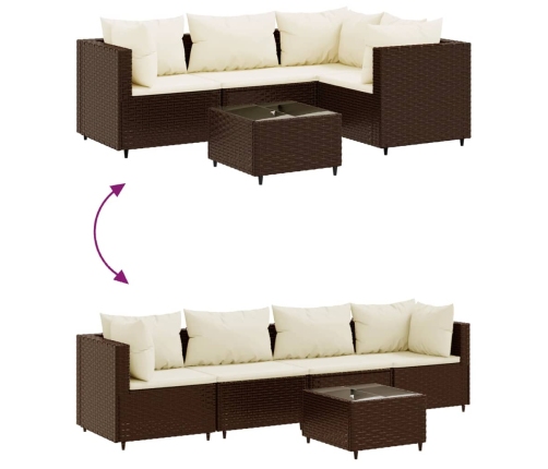 Set muebles de jardín 5 piezas y cojines ratán sintético marrón