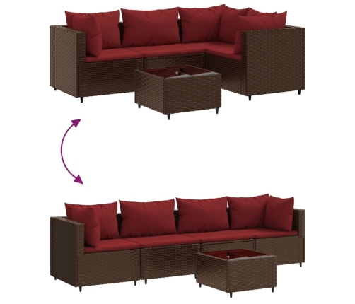 Set muebles de jardín 5 piezas y cojines ratán sintético marrón