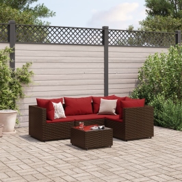 Set muebles de jardín 5 piezas y cojines ratán sintético marrón