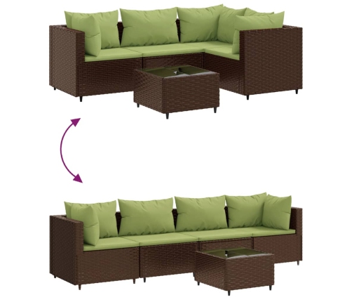 Set muebles de jardín 5 piezas y cojines ratán sintético marrón