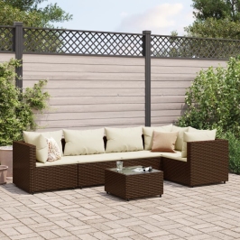 Set muebles de jardín 6 piezas y cojines ratán sintético marrón