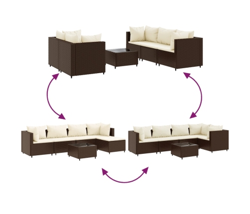 Set muebles de jardín 6 piezas y cojines ratán sintético marrón