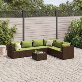 Set muebles de jardín 7 piezas y cojines ratán sintético marrón