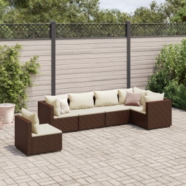 Set muebles de jardín 6 piezas y cojines ratán sintético marrón
