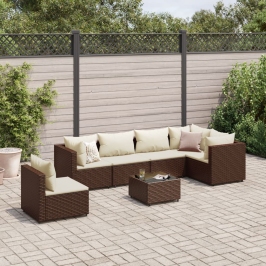 Set muebles de jardín 7 piezas y cojines ratán sintético marrón