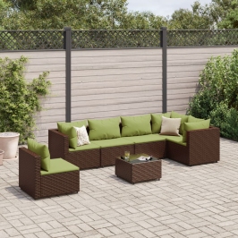 Set muebles de jardín 7 piezas y cojines ratán sintético marrón